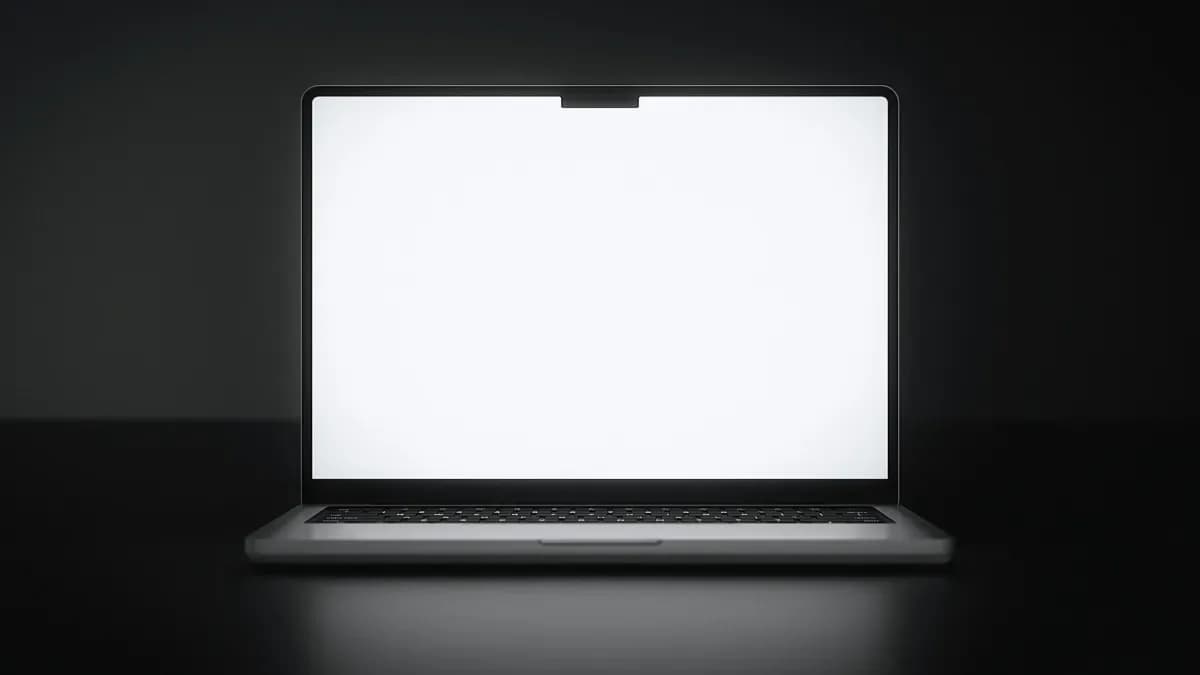 Renders of a slim MacBook Pro with a Dynamic Island cutout and bezel-free OLED display