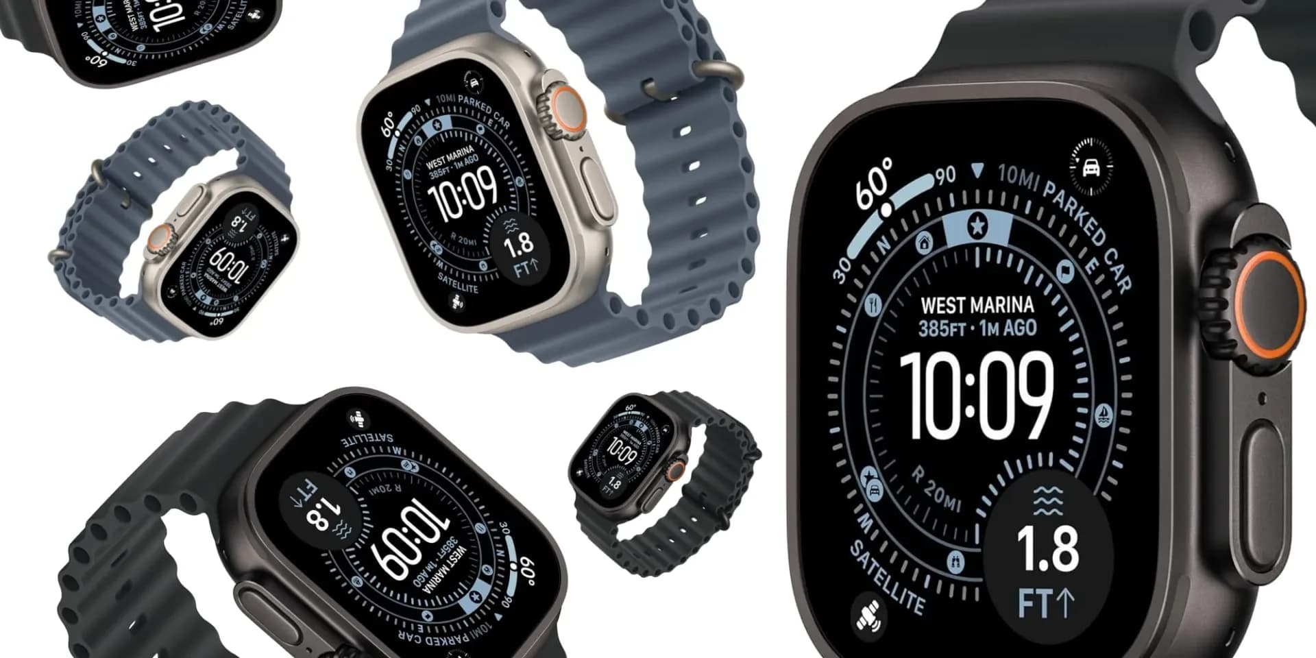 Apple Watch Ultra 3 in Natural Titanium with Anchor Blue Ocean Band resting on a table