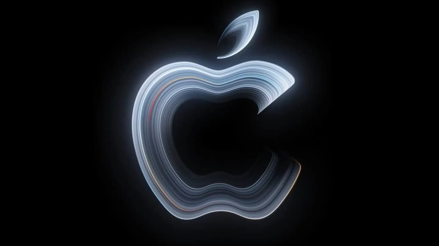 Apple logo being drawn in colorful strokes, as shown in official teaser graphic