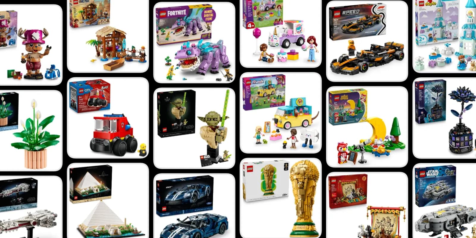Assorted LEGO boxes on a table with sale tags
