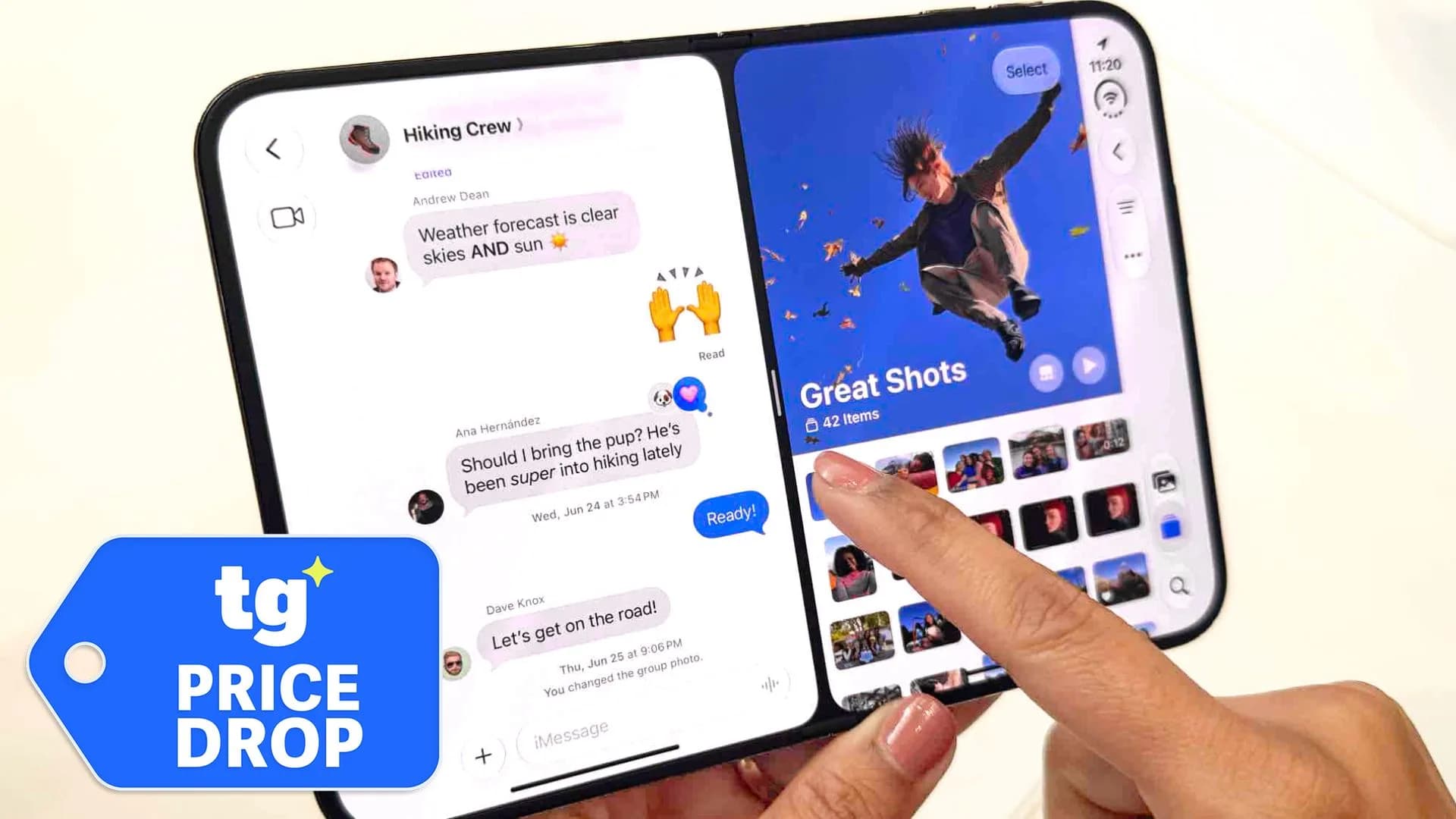 Angle view of a dual-screen foldable smartphone sitting on a flat wooden surface.