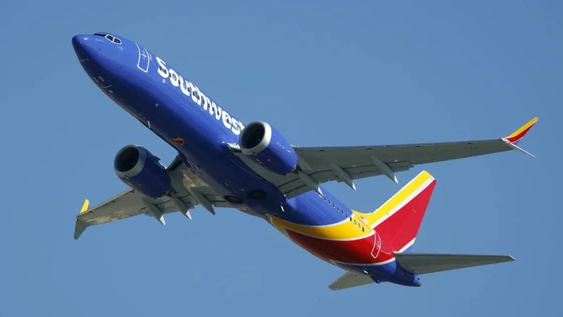 A Southwest Airlines Boeing 737 with Starlink antenna visible on fuselage