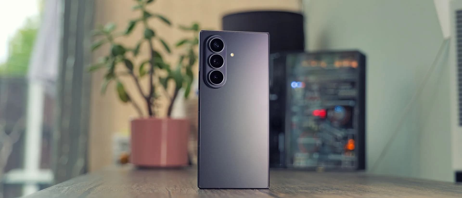 Samsung Galaxy Z Fold 8 Ultra in Violet Shadow, folded and unfolded