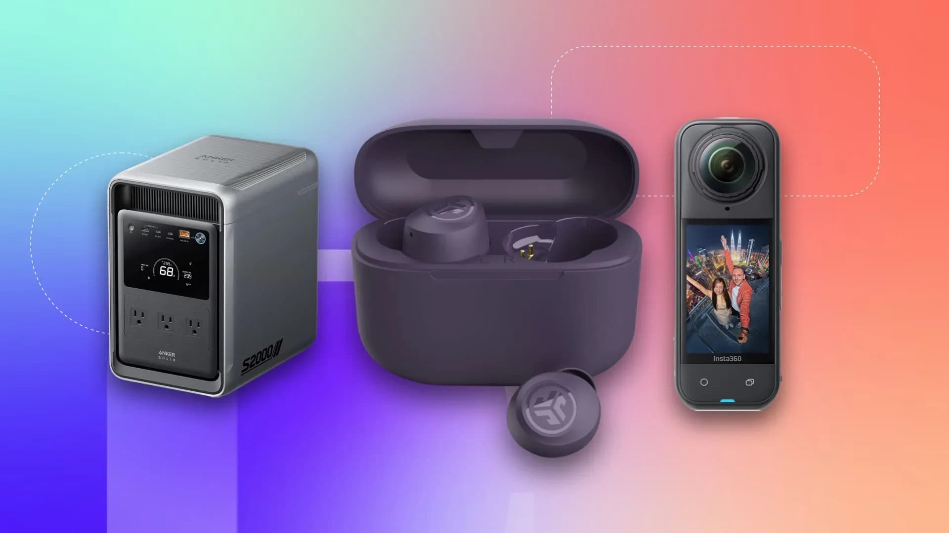 JLab Go Air Pop Plus earbuds with charging case next to an Anker Solix S2000 power station and an Insta360 X5 action camera