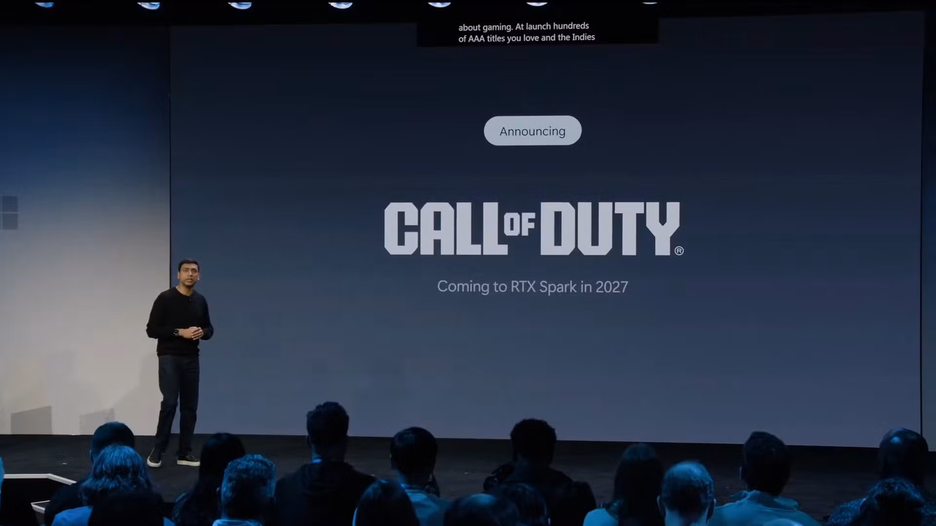 Call of Duty promotional art displayed next to an Nvidia RTX Spark laptop logo.