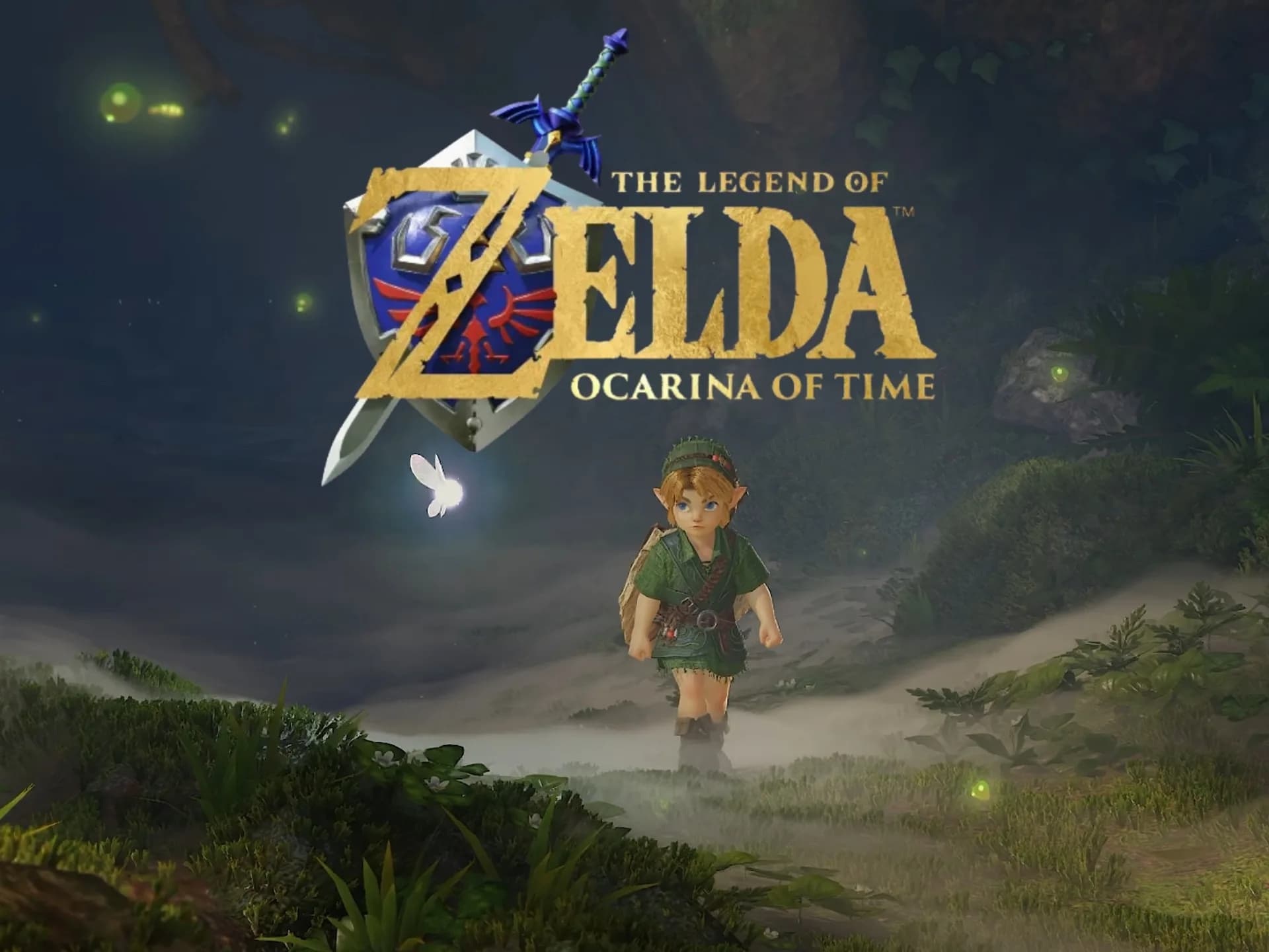 A stylized render of Link holding the Master Sword against a twilight Hyrule sky, with 'Ocarina of Time Remake' and 'Switch 2' visible in clean type